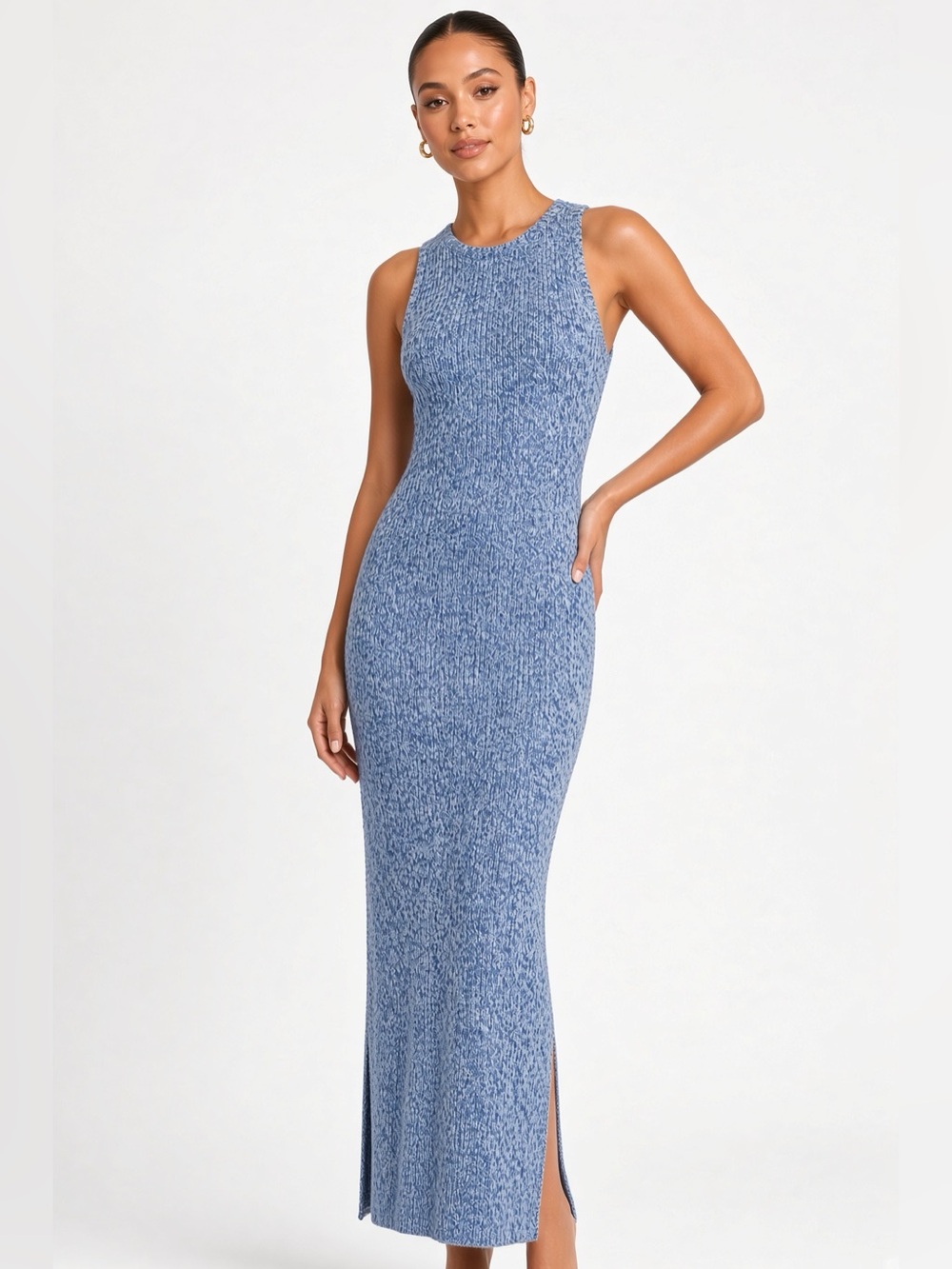 THEORY Marled Pointelle Prosecco Sleeveless Knit Maxi Dress Blue S